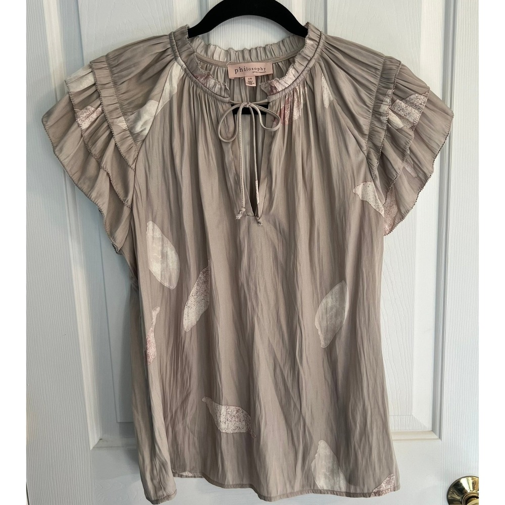 Philosophy Republic Clothing Satiny Taupe Leaf Print Ruffle Sleeve Blouse Size L